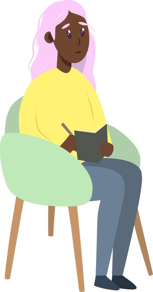 Psychotherapy session -black psychologist sitting on chair. Mental health concept, illustration in flat style vector