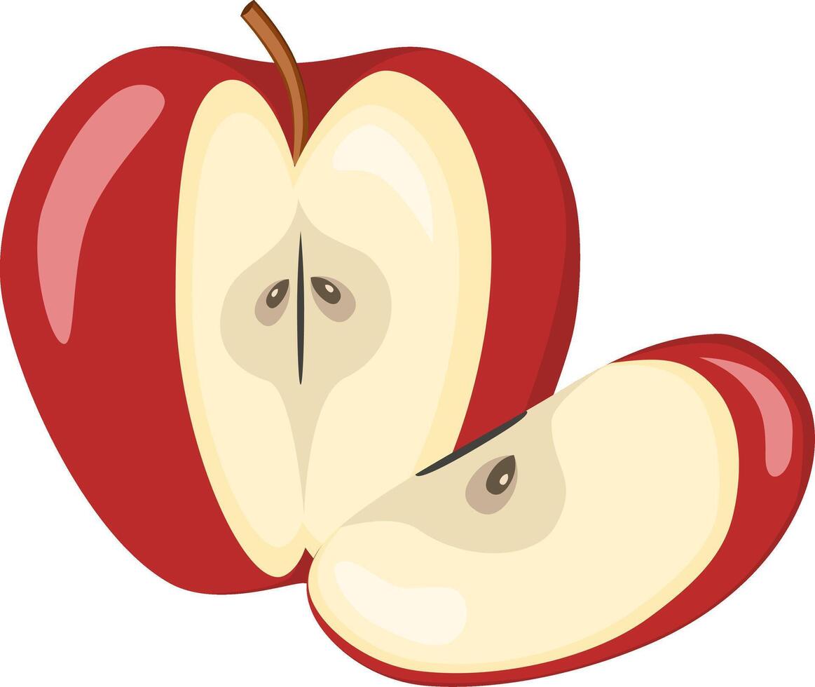 Red apple with slice apple, fruit slices and pieces in cartoon style. Healthy vegetarian snack food fruit, illustration vector