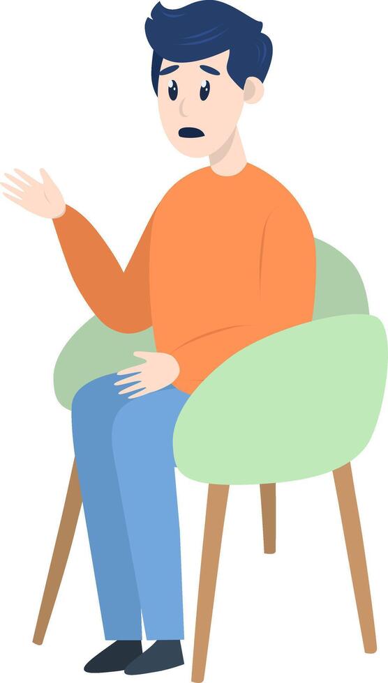psicoterapia sesión - hombre hablando a psicólogo sentado en silla. mental salud concepto, ilustración en plano estilo vector
