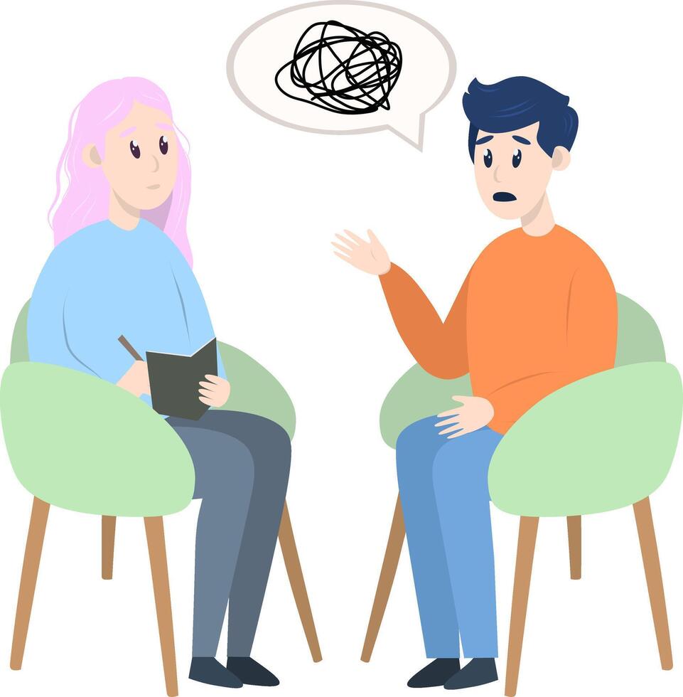Psychotherapy session - man talking to psychologist sitting on chair. Mental health concept, illustration in flat style vector