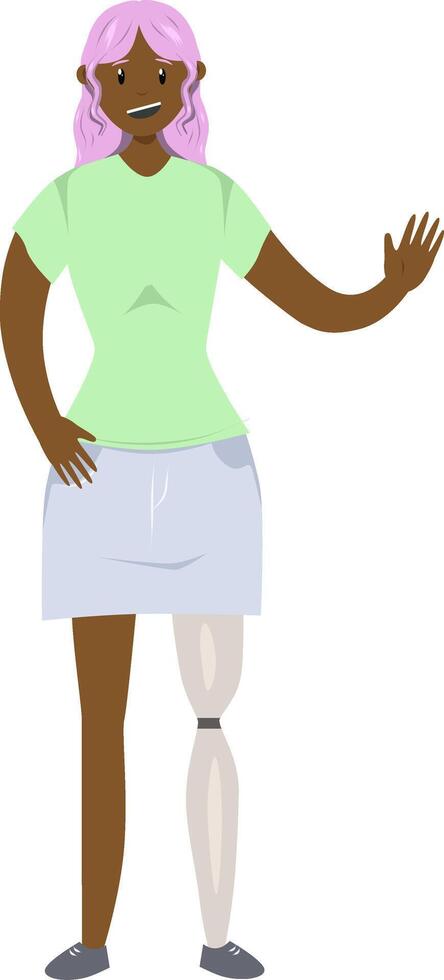 Illustration of a black girl with a prosthetic leg in flat style. Flat Illustration on the theme of body positivity. vector