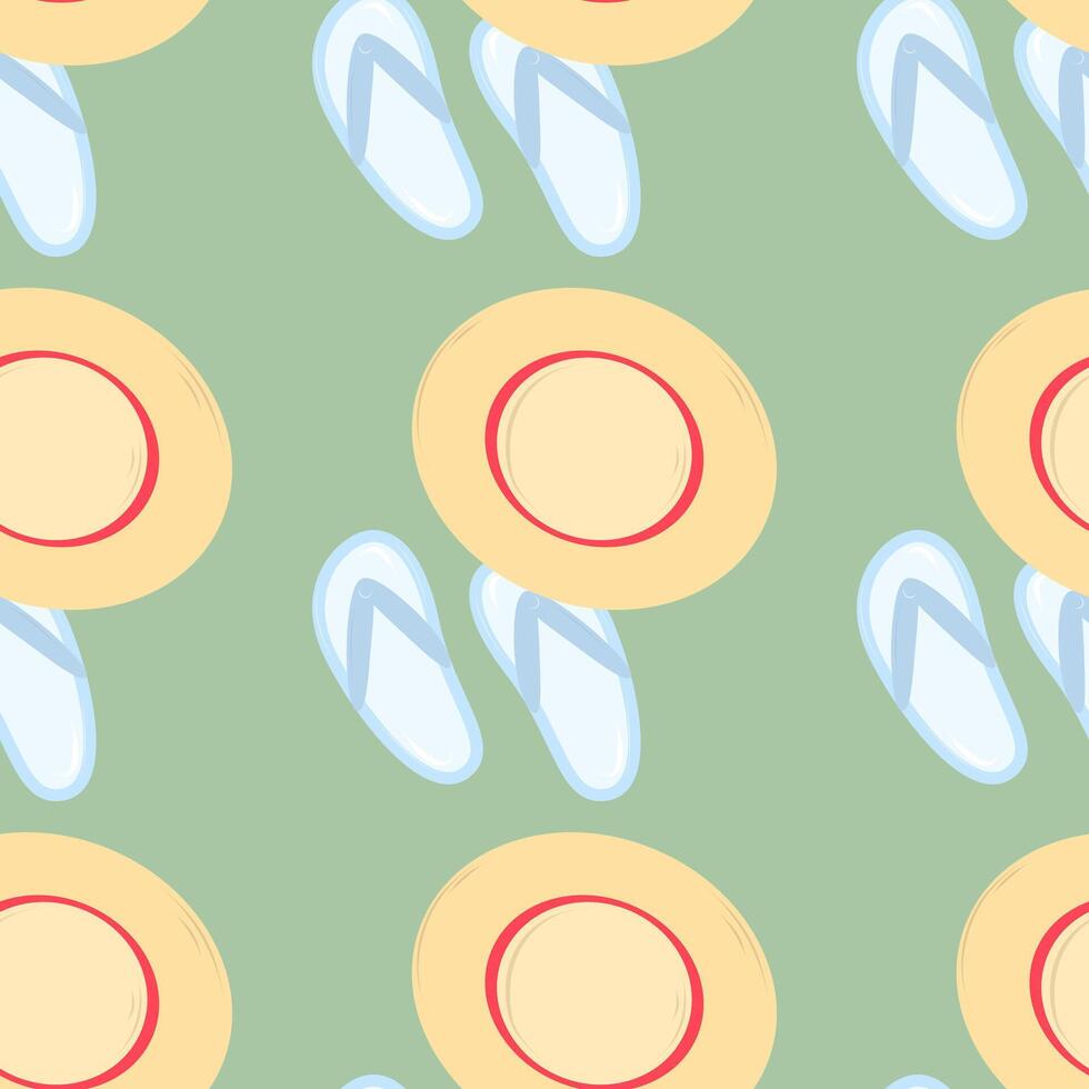 Seamless pattern with slippers and beach hat Cartoon summer elements, travel, beach, summertime accessory. Cocktails, ice cream and exotic fruits illustration set. Palm and serfing board vector