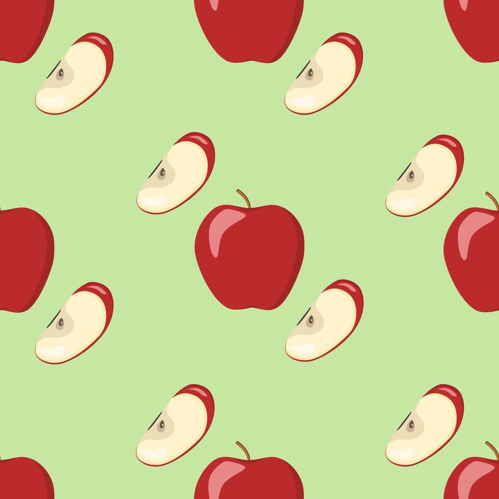 Seamless pattern Red apple and half apple, fruit slices and pieces in cartoon style. Healthy vegetarian snack food fruit, illustration vector