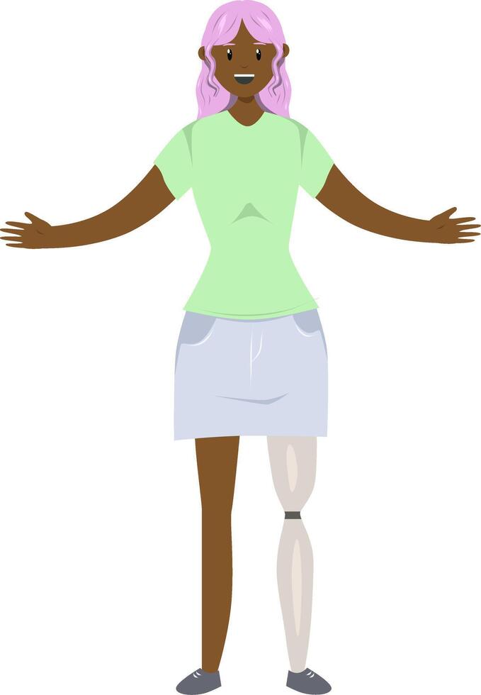 Illustration of a black girl with a prosthetic leg in flat style. Flat Illustration on the theme of body positivity. vector