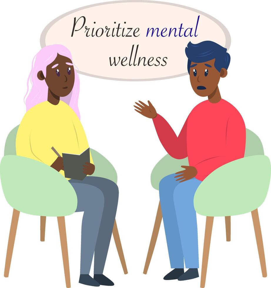 Postcard with Psychotherapy session - black man talking to psychologist sitting on chair. Mental health concept, illustration in flat style vector
