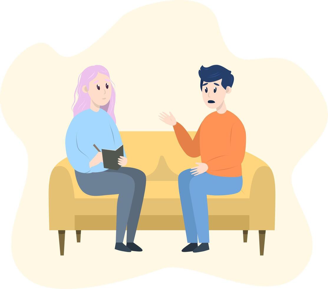 Psychotherapy session - man talking to psychologist sitting on sofa. Mental health concept, illustration in flat style vector