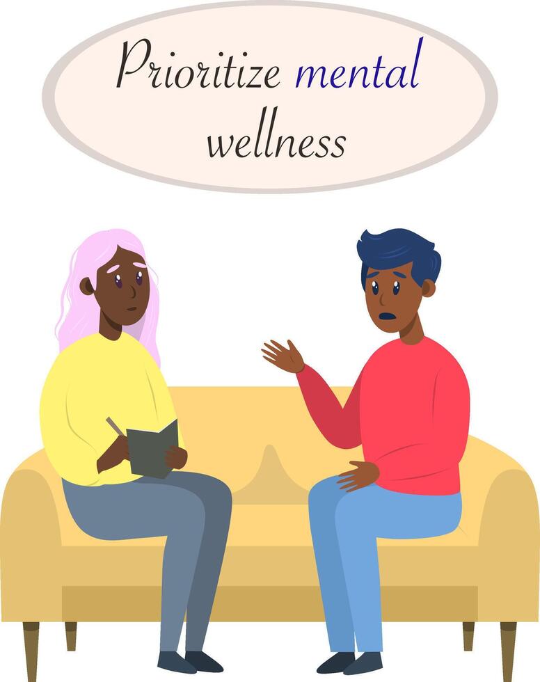 Postcard with Psychotherapy session - black man talking to psychologist sitting on sofa. Mental health concept, illustration in flat style vector