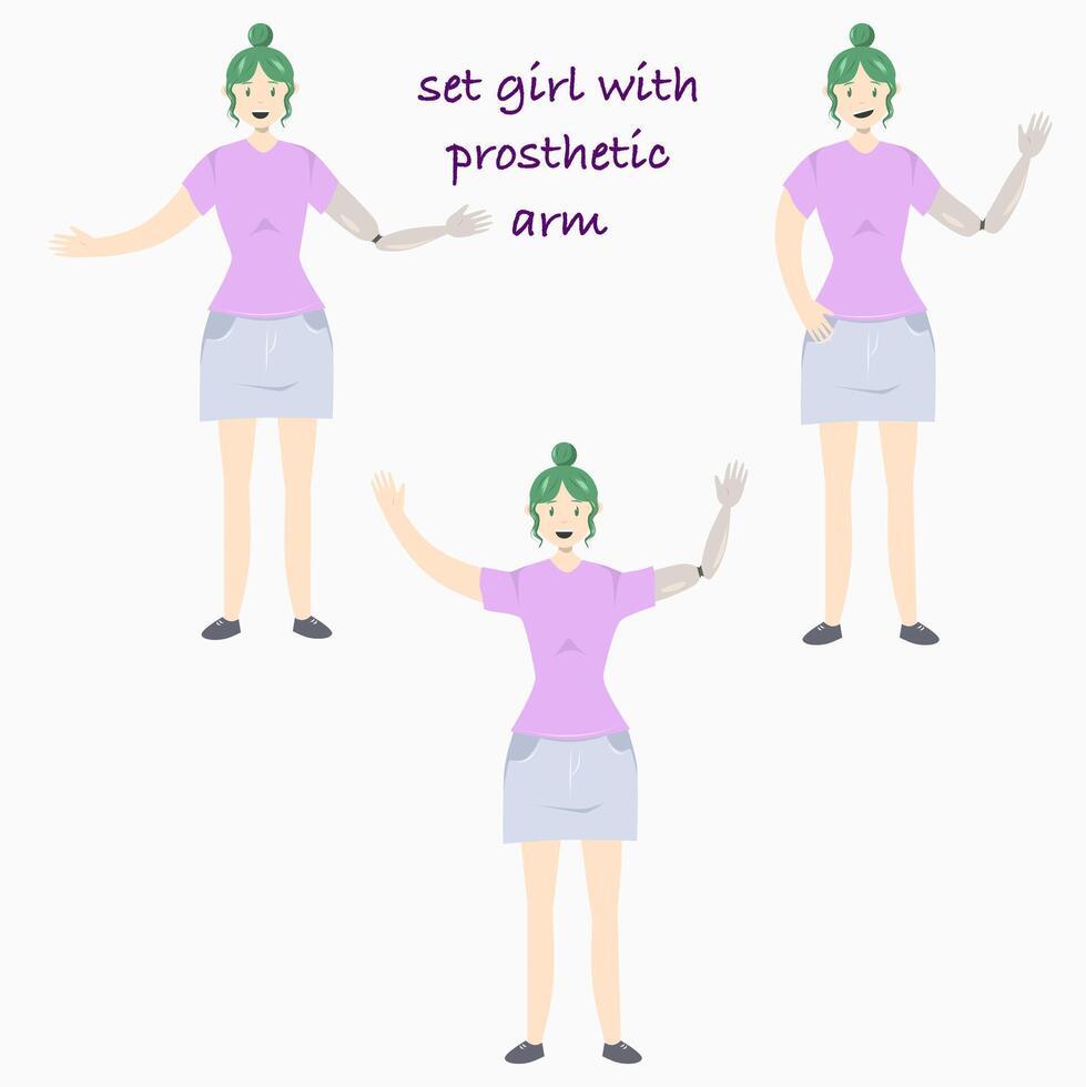Set Illustration of a girl with a prosthetic arm in flat style. Flat Illustration on the theme of body positivity. vector