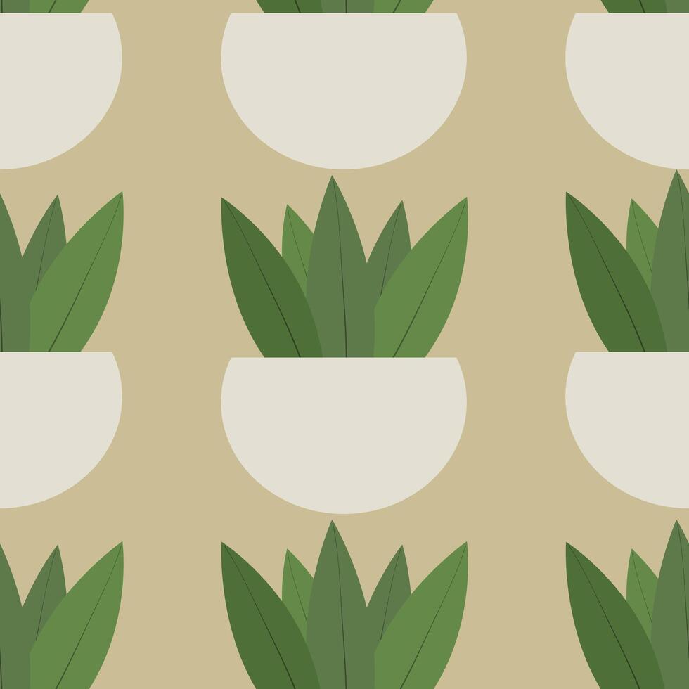 seamless pattern of cute flat flower plant in an unusual shaped pot on the beige background vector