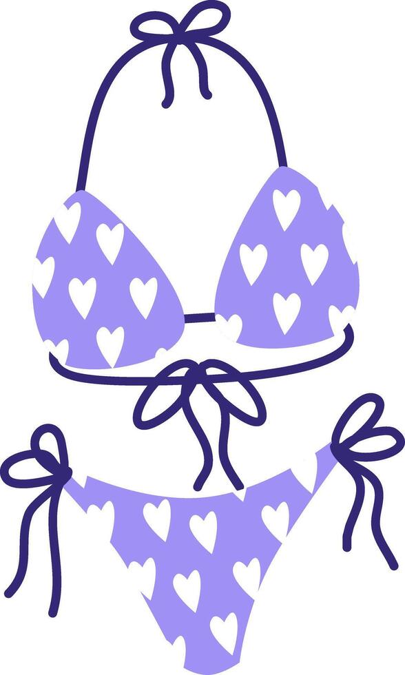 Violet swimsuit for girl Cartoon summer elements, travel, beach, summertime accessory. Cocktails, ice cream and exotic fruits illustration set. Palm and serfing board. Umbrella and sunglasses vector