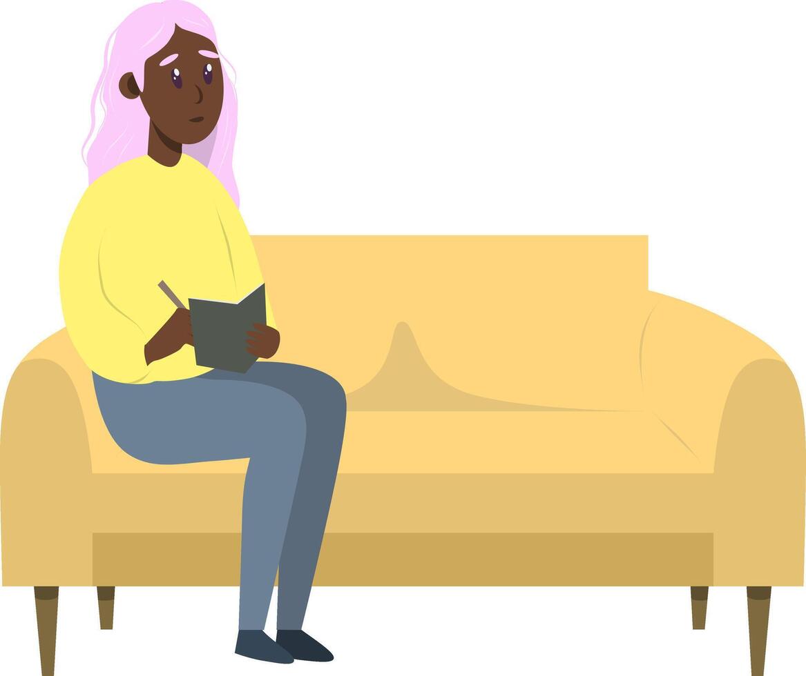 Psychotherapy session - black psychologist sitting on sofa. Mental health concept, illustration in flat style vector
