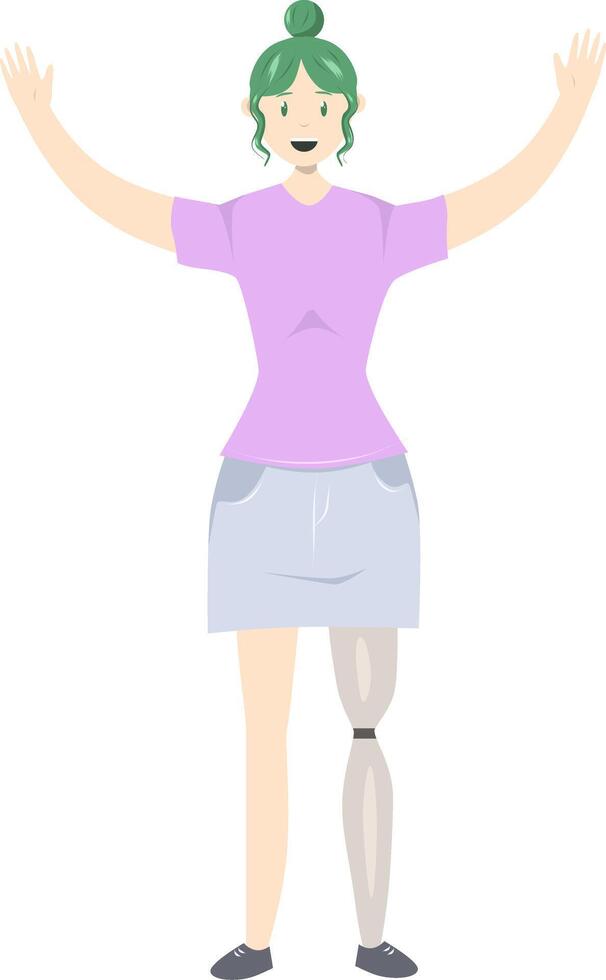Illustration of a girl with a prosthetic leg in flat style on white background. Flat Illustration on the theme of body positivity vector