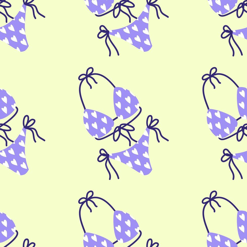 Seamless pattern with swimsuit as Cartoon summer elements, travel, beach, summertime accessory. Cocktails, ice cream and exotic fruits illustration set. Palm and serfing board. Umbrella and vector