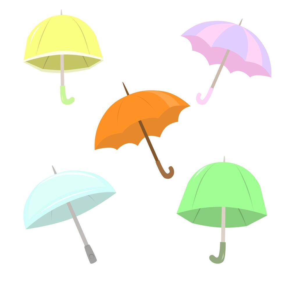 Set of different Umbrellas. Open umbrellas. Various prints. Hand drawn colored illustration. Flat style. vector