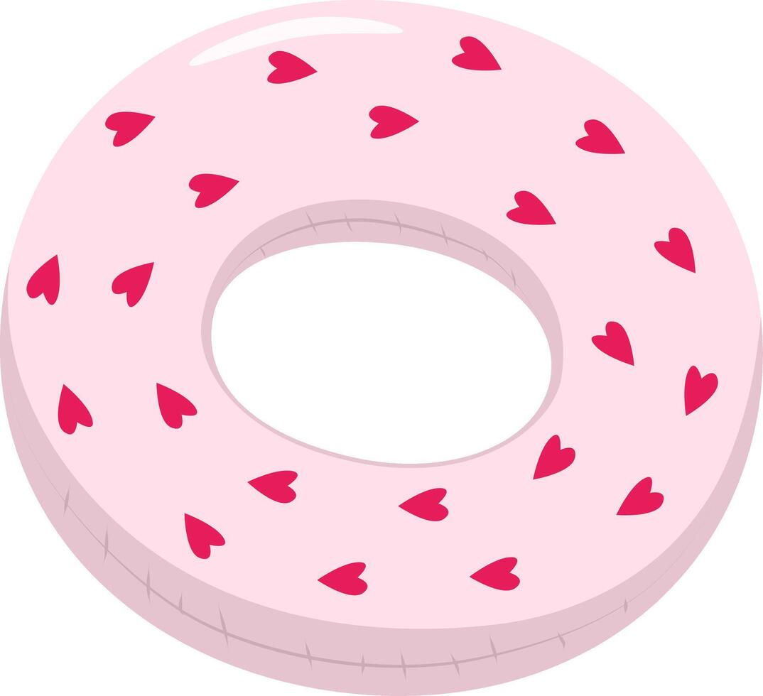 Pink swimming circle with red hearts Cartoon summer elements, travel, beach, summertime accessory. Cocktails, ice cream and exotic fruits illustration set. Palm and serfing board. Umbrella and vector