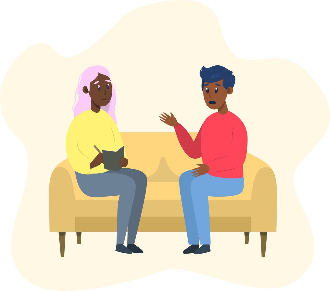 Psychotherapy session - black man talking to psychologist sitting on sofa. Mental health concept, illustration in flat style vector