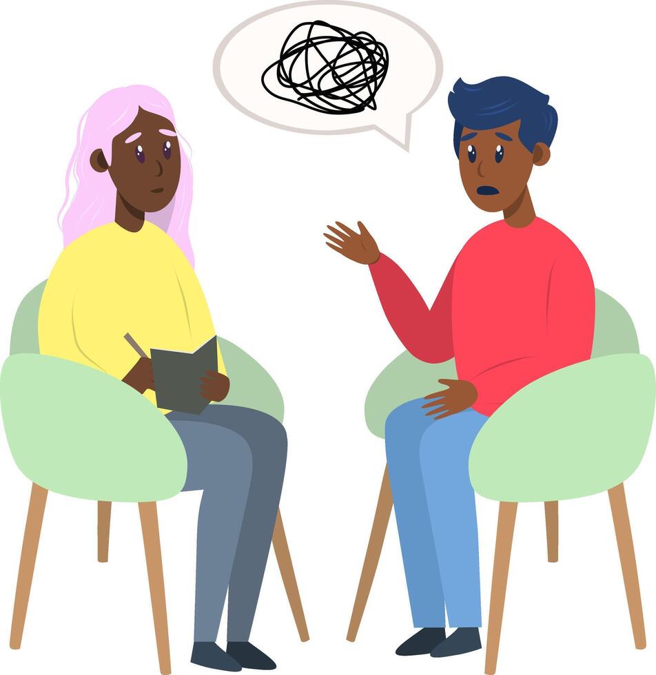 Psychotherapy session - black man talking to psychologist sitting on chair. Mental health concept, illustration in flat style vector