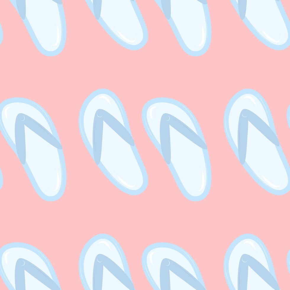 Seamless pattern with blue slippers Cartoon summer elements, travel, beach, summertime accessory. Cocktails, ice cream and exotic fruits illustration set. Palm and serfing board. Umbrella and vector