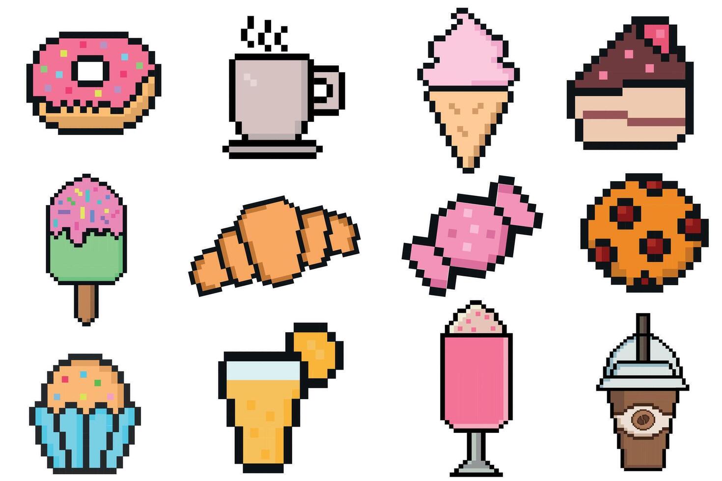 Sweet food pixel art set of icons, fast restaurant pixelated elements croissant, donuts, ice cream, cake, coffee, orange juice, milkshake. Vintage game development mobile app assets 8-bit sprite. vector