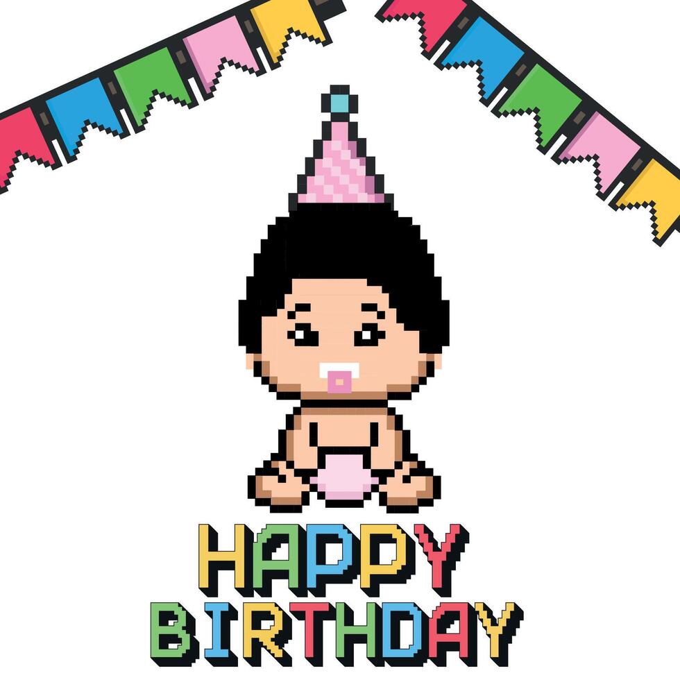 Happy Birthday pixel art postcard. Pixel art postcard, 80s 90s old arcade game style with baby girl. For poster, greeting card, invitation, flyer, banner. vector