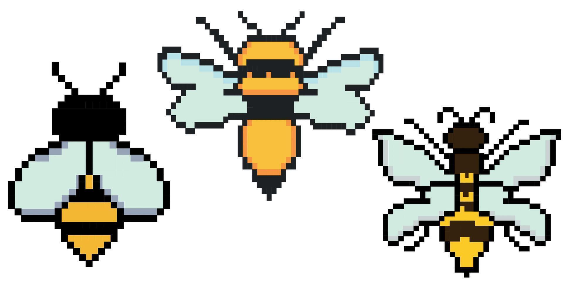 Bee pixel art. Vintage 8 bit, 80s, 90s game style, computer arcade game items. Pixelated mosaic retro game style. vector