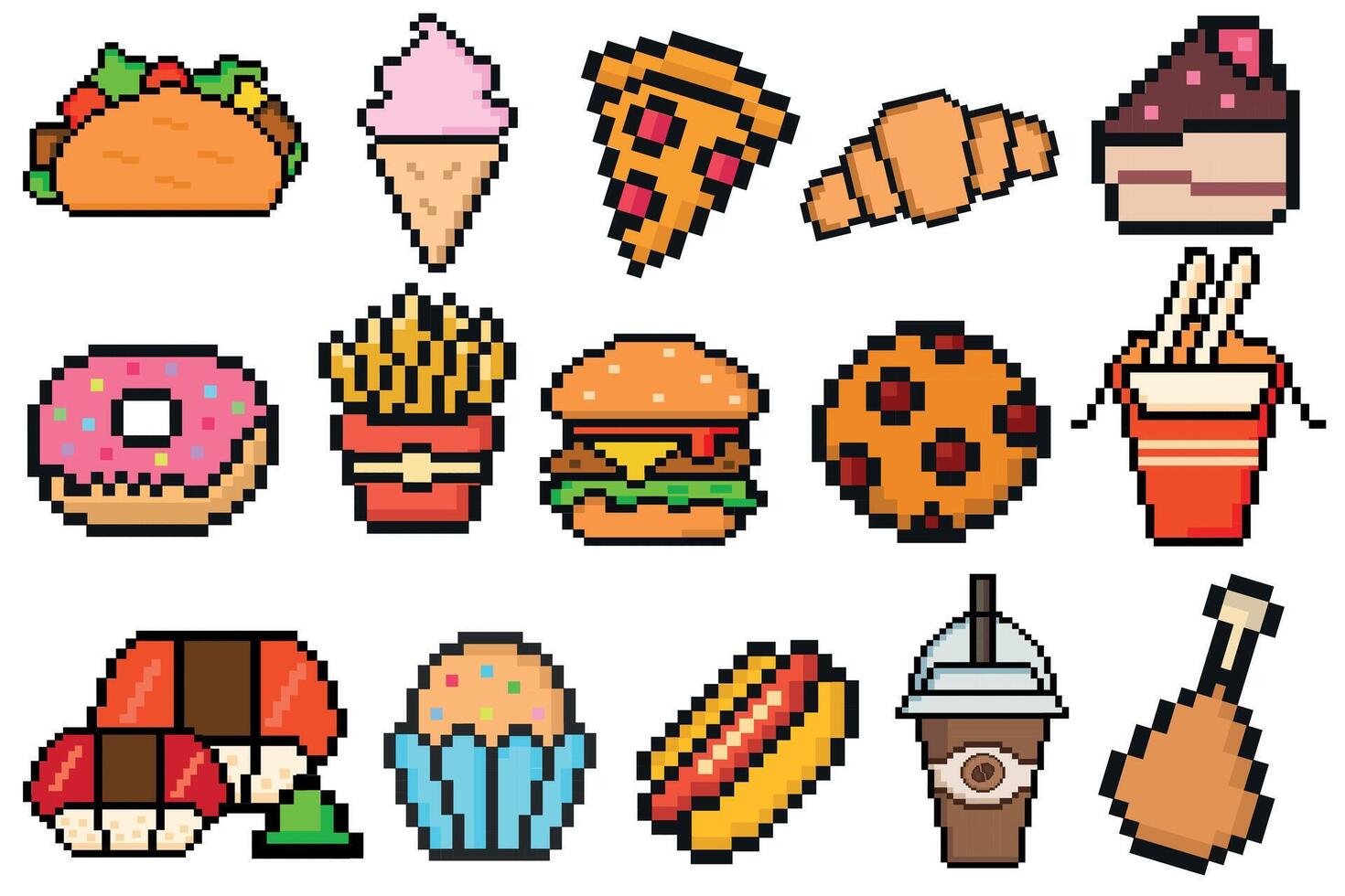 rápido comida píxel Arte conjunto de iconos, rápido restaurante pixelado elementos hamburguesa, caliente perro, tacos, Pizza. Clásico juego bienes 8 bits duende vector