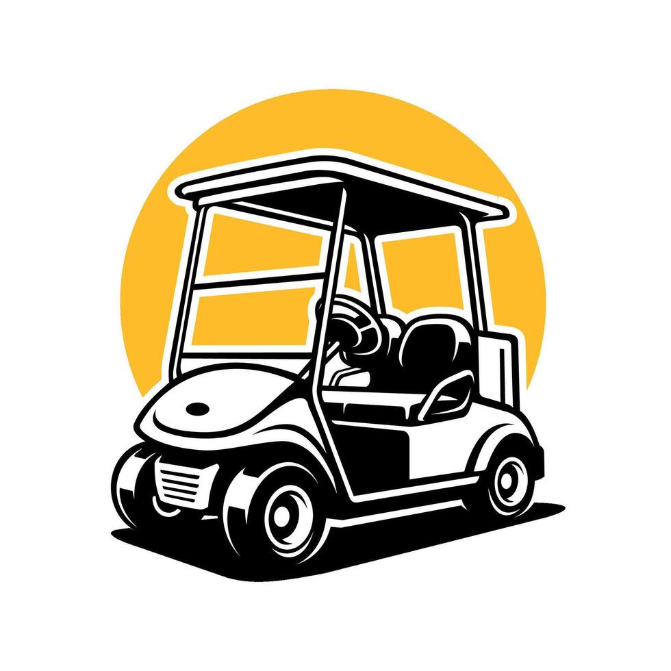 a black and white drawing of a golf cart with a yellow sun in the background. vector