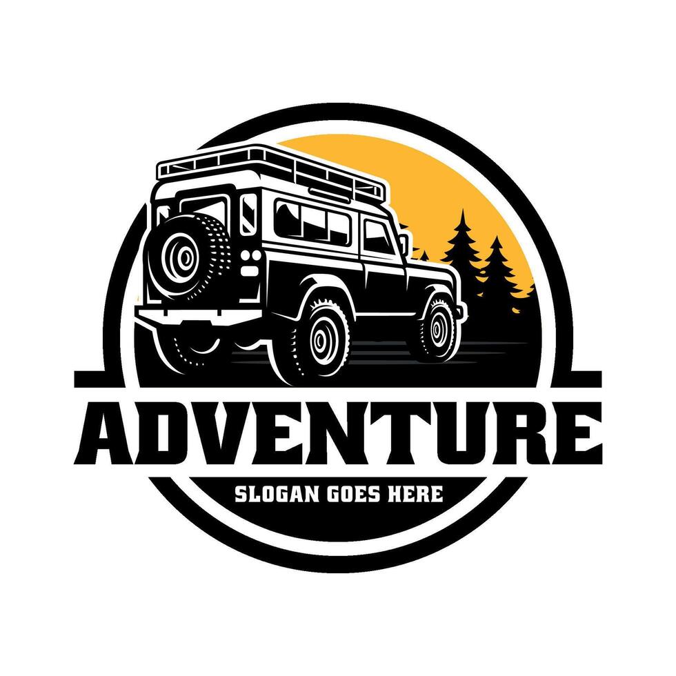 black and white image of a adventure vehicle illustration logo vector