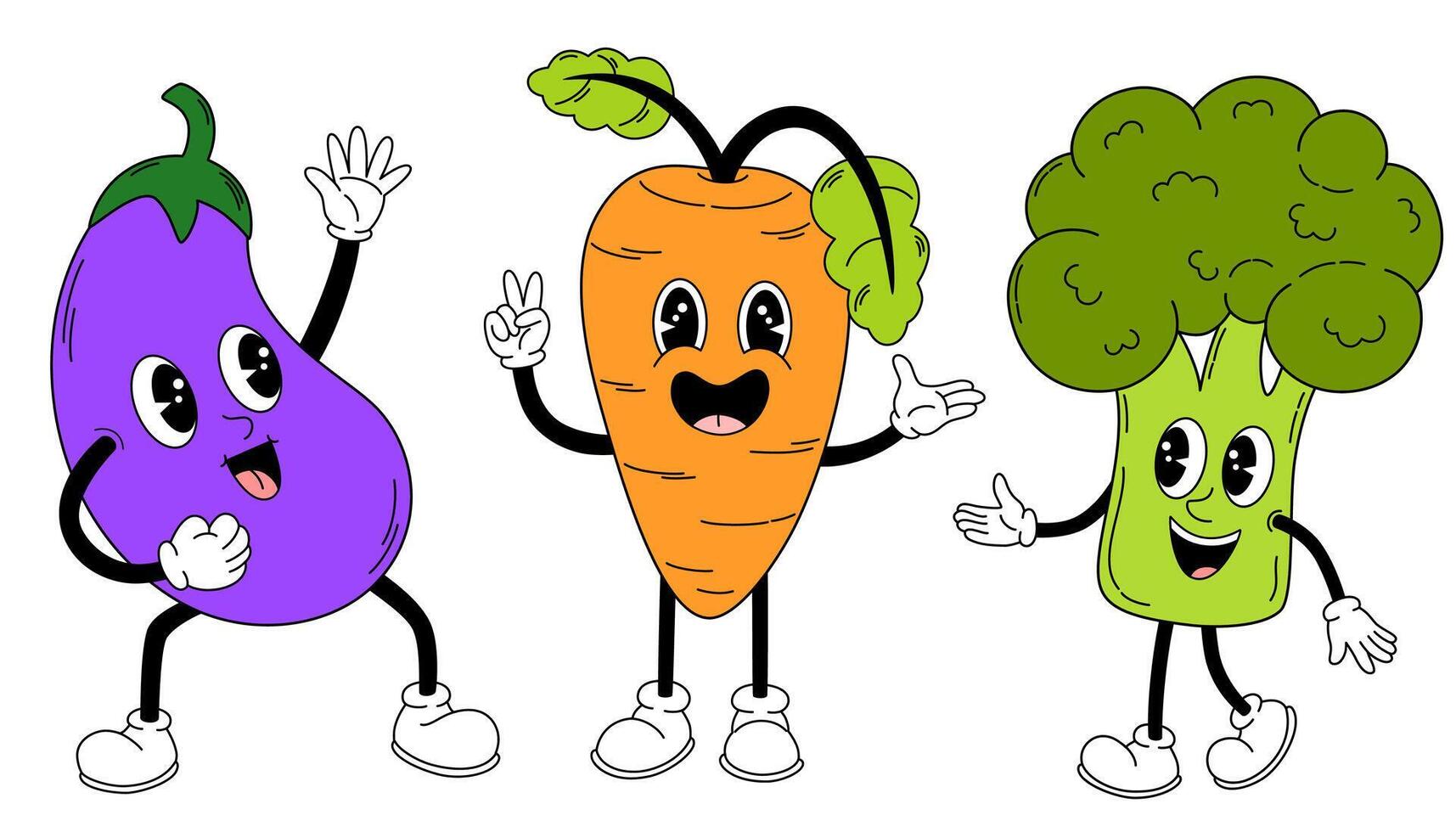 maravilloso vegetales colocar. mano dibujar gracioso retro Clásico de moda estilo vegetales dibujos animados personaje. berenjena, zanahorias, brócoli. garabatear cómic colección vector