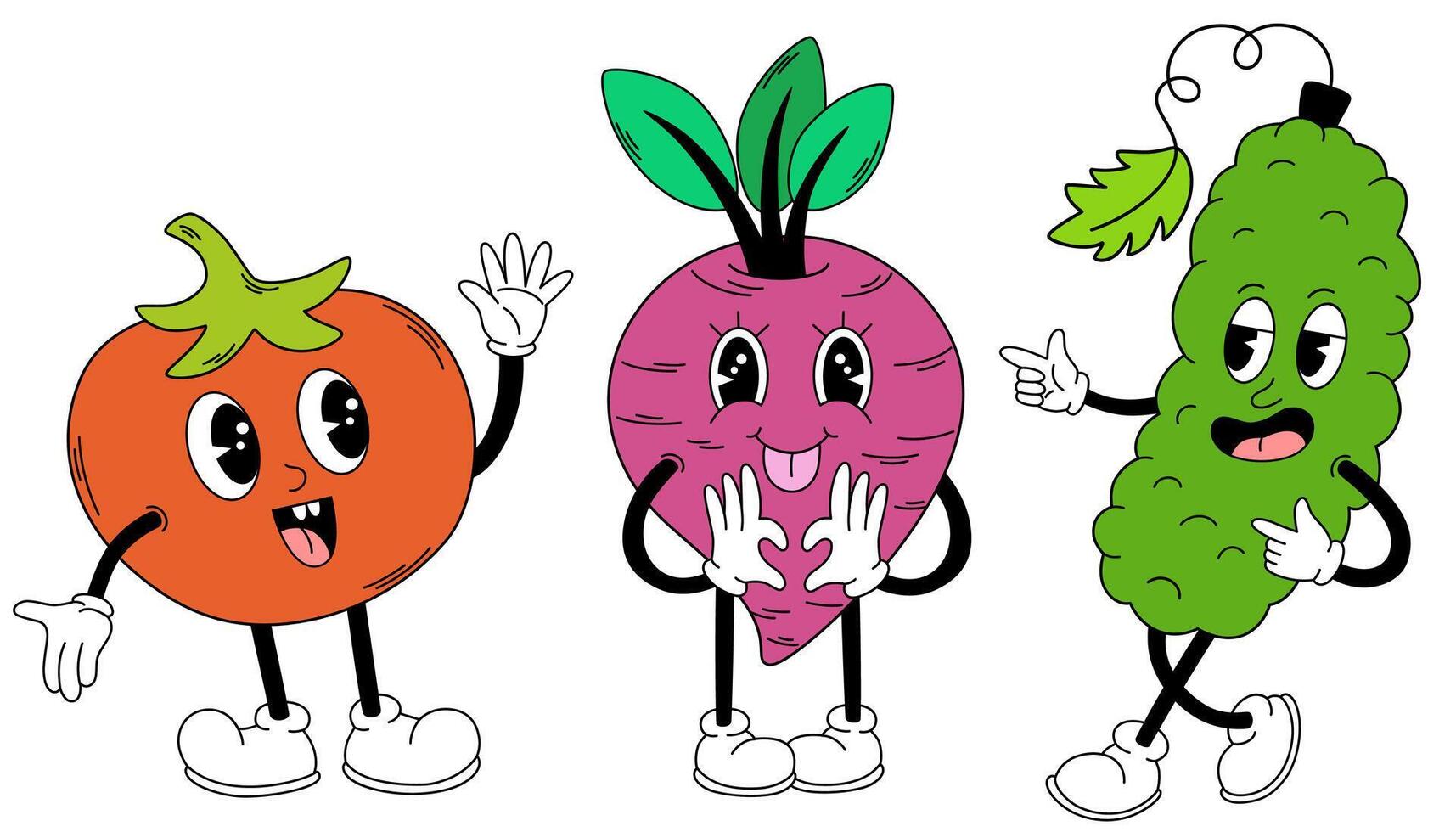 Groovy vegetables set. Hand draw Funny Retro vintage trendy style vegetables cartoon character. Cucumber, tomato, beetroot. doodle comic collection vector