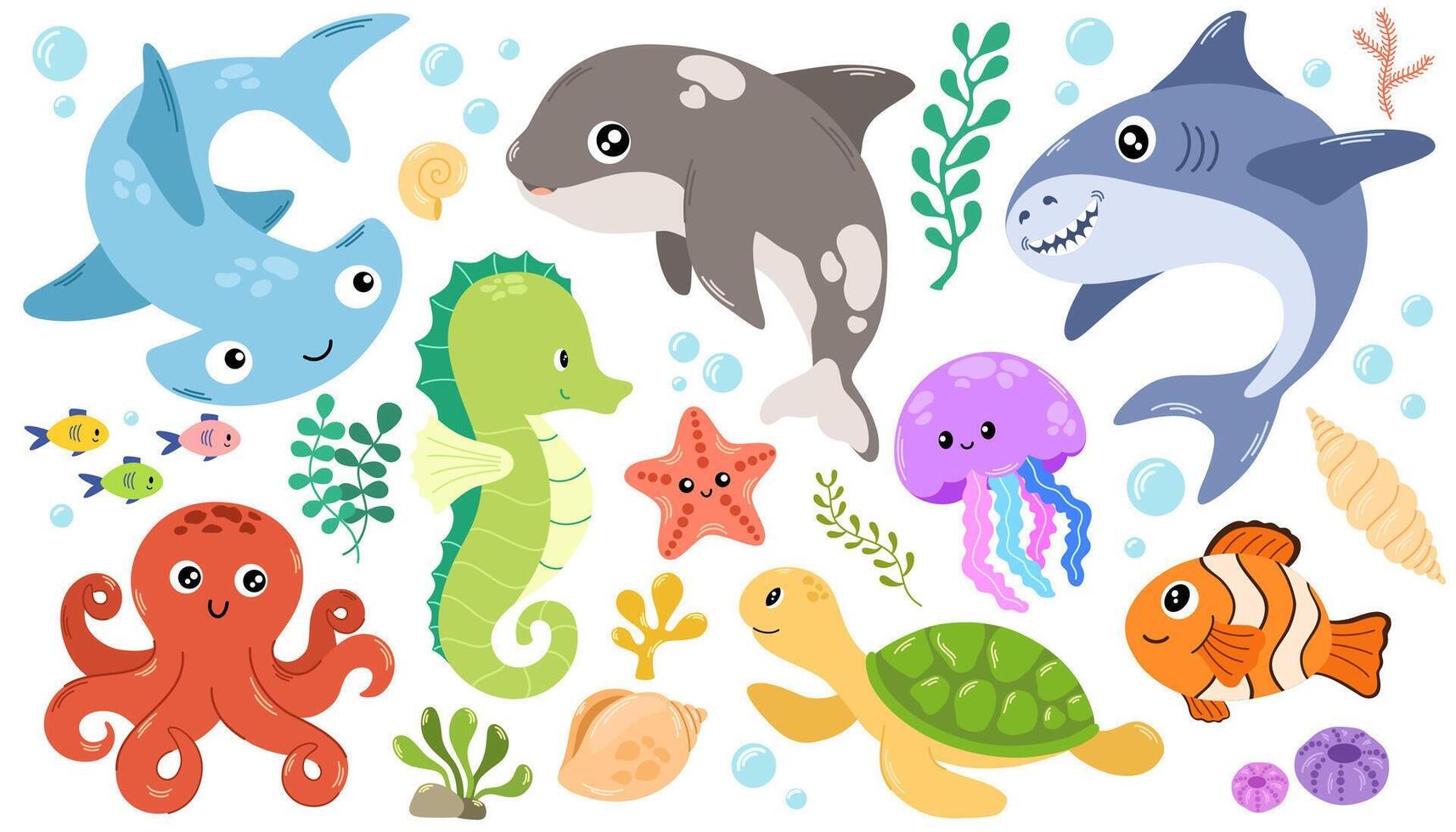 Sea life elements set. Hand draw doodle cartoon set of marine life objects for your design. vector