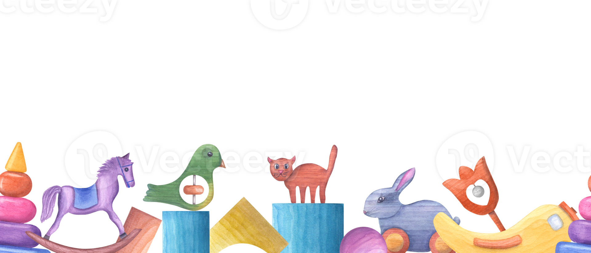 Rattle bird, cat, hare, pyramid, cubes, horse made of blocks. . Wooden elements made from building bricks. Wooden Toys. Seamless horizontal banner. Watercolor illustration for baby decor png