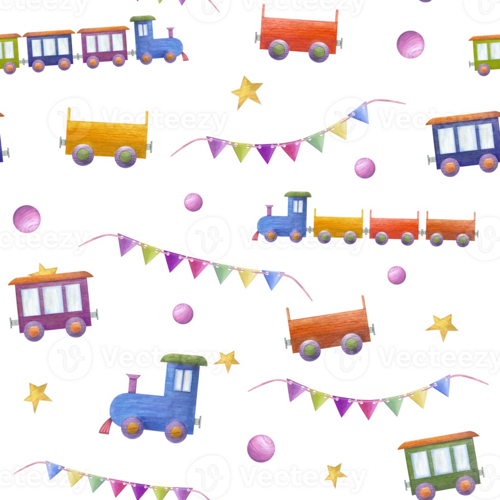 Watercolor seamless pattern of kid wooden toys. Ornate with trains, wagons, flags. Hand painted illustration for children print, poster, decor, wrapping, fabric png
