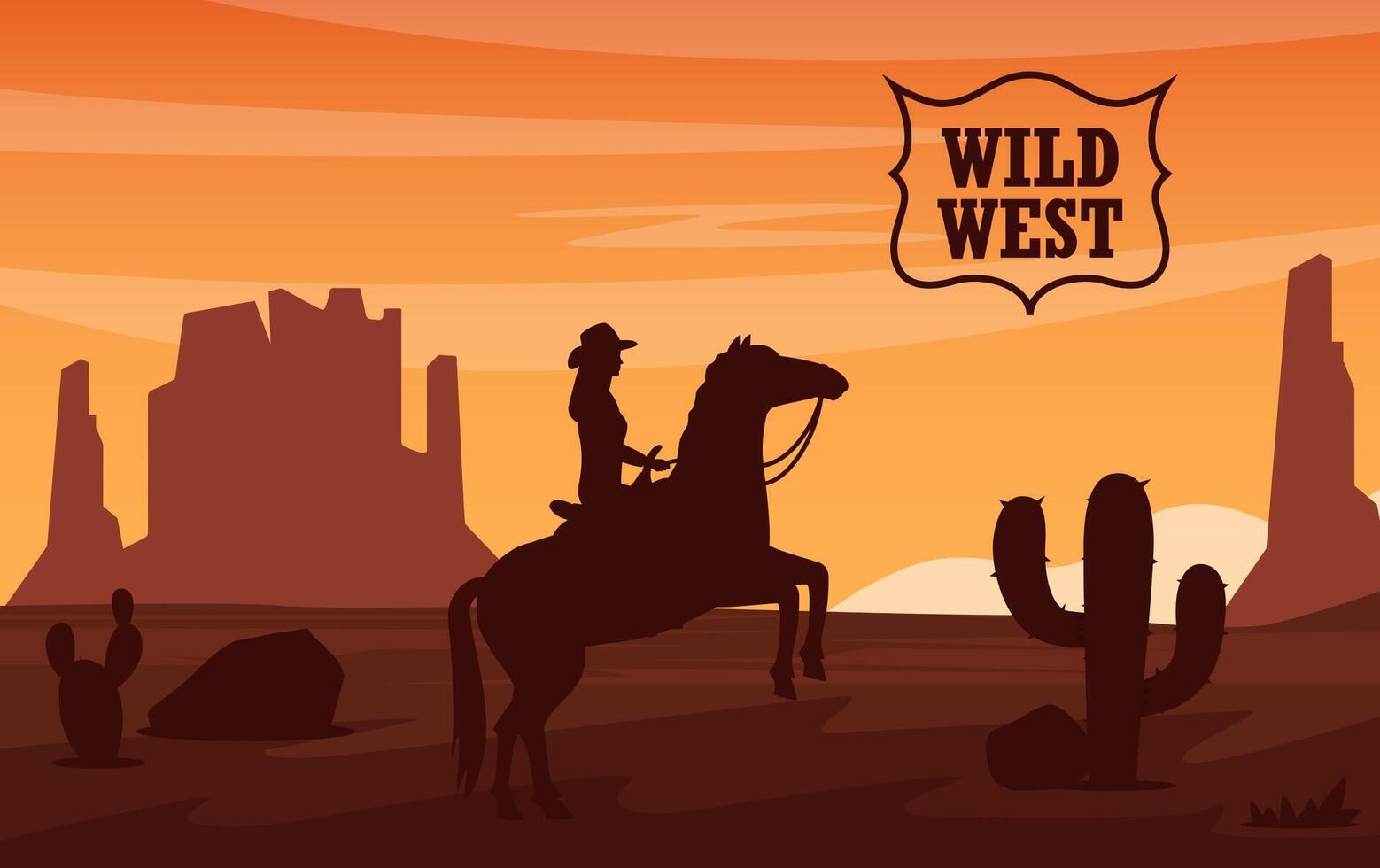 Desert landscape with silhouette of woman cowboy on horse, mountains, cactuses on sunset. Wild West Texas in flat style. Western scene. Wild West Arizona. vector