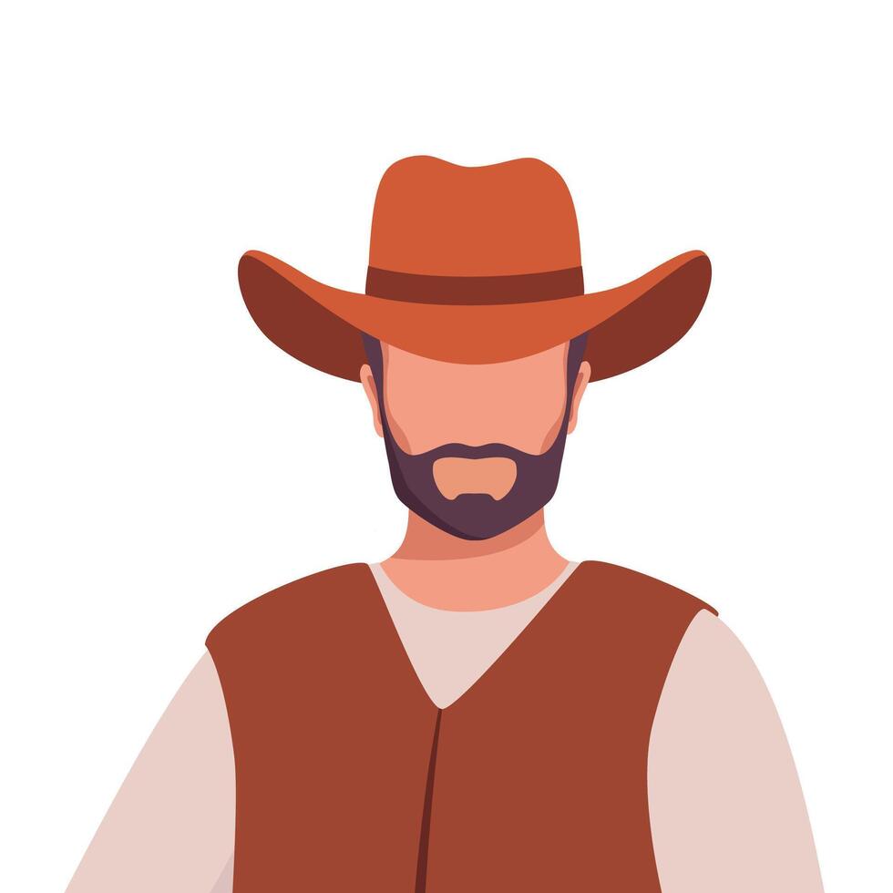 Portrait of happy smiling cowboy in hat standing in retro western outfit. American man from wild west. vector