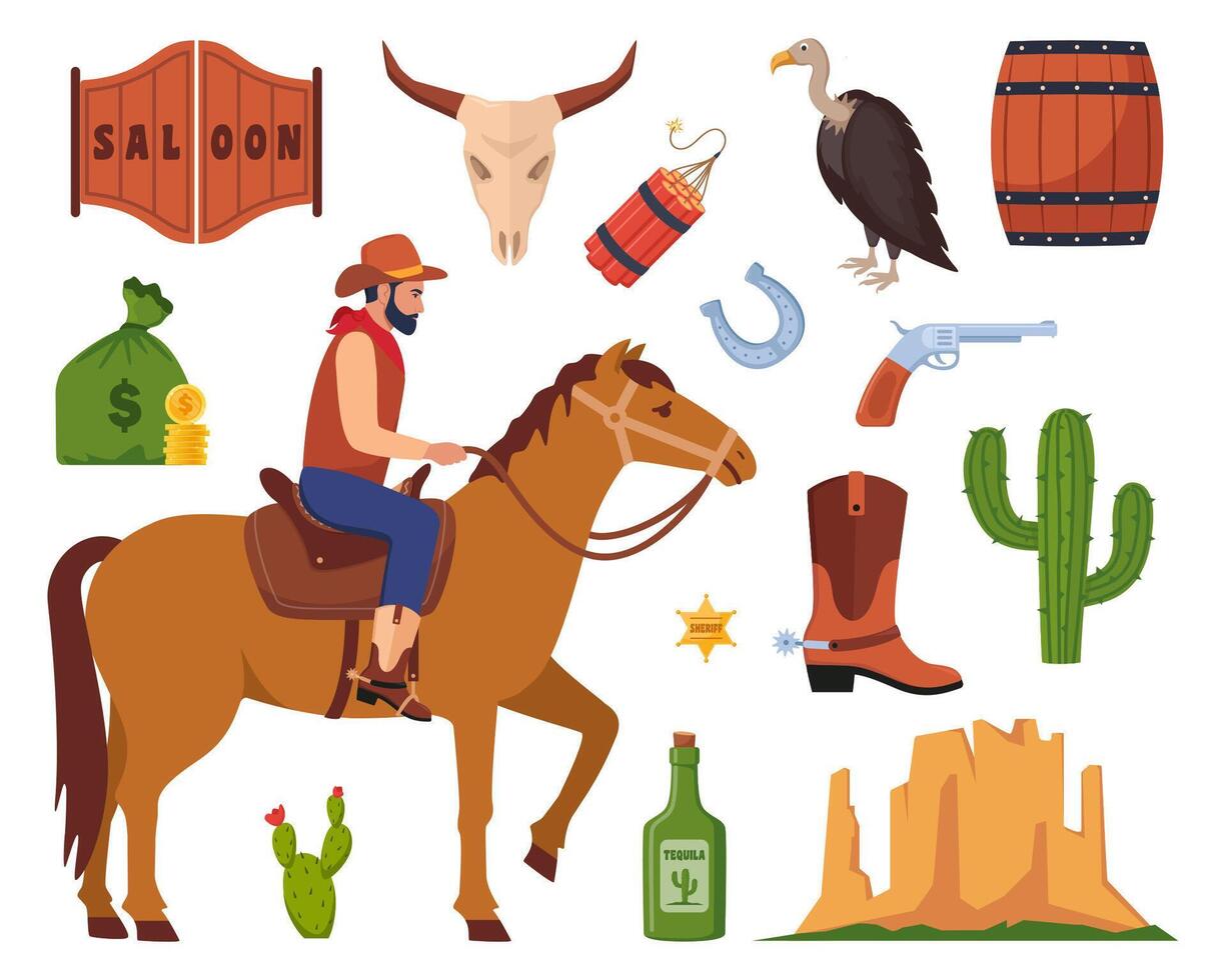 Wild West icons, set. Western and cowboy elements. Signboard, saloon door, wanted poster, sheriff badge, cactus, cow skull, cowboy hat, revolver, wagon. Texas symbols. vector