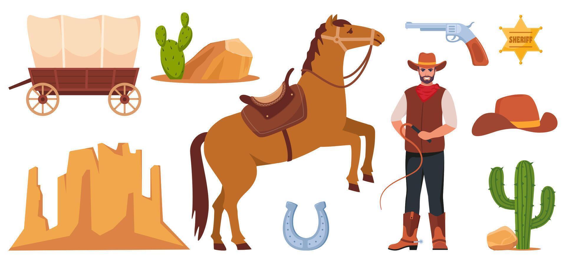 salvaje Oeste iconos, colocar. occidental y vaquero elementos. letrero, salón puerta, querido póster, alguacil insignia, cactus, vaca cráneo, vaquero sombrero, revólver, vagón. Texas simbolos vector