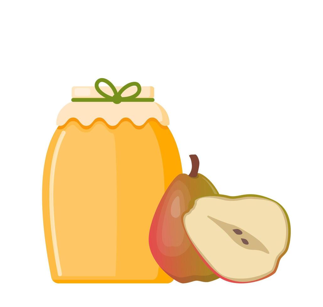 Honey in a transparent glass Jar and pear. vector