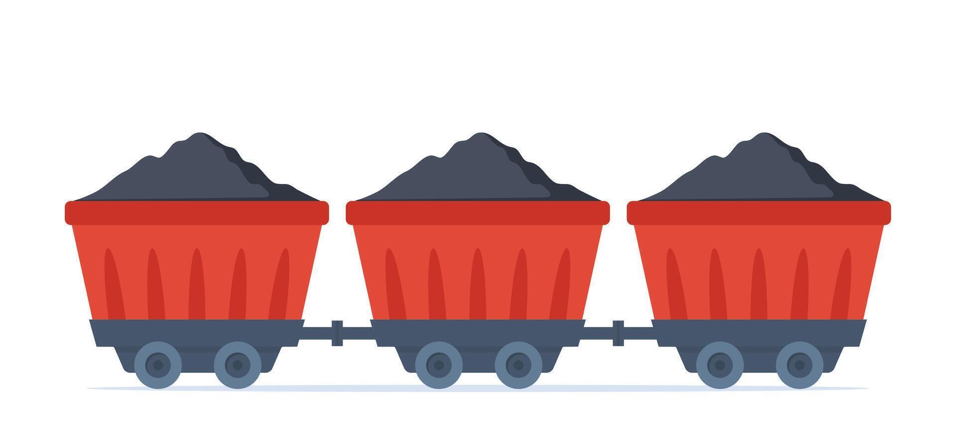 Mine coal trolleys. Wagon transporting pile coal. Mining industry equipment. Underground minerals extraction. Construction and building transportation vehicle. illustration. vector