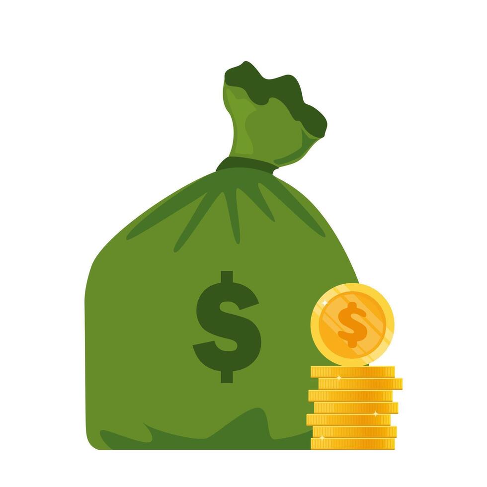 Green money bag. Dollars and gold coins stack. Wealth and banking icon. vector