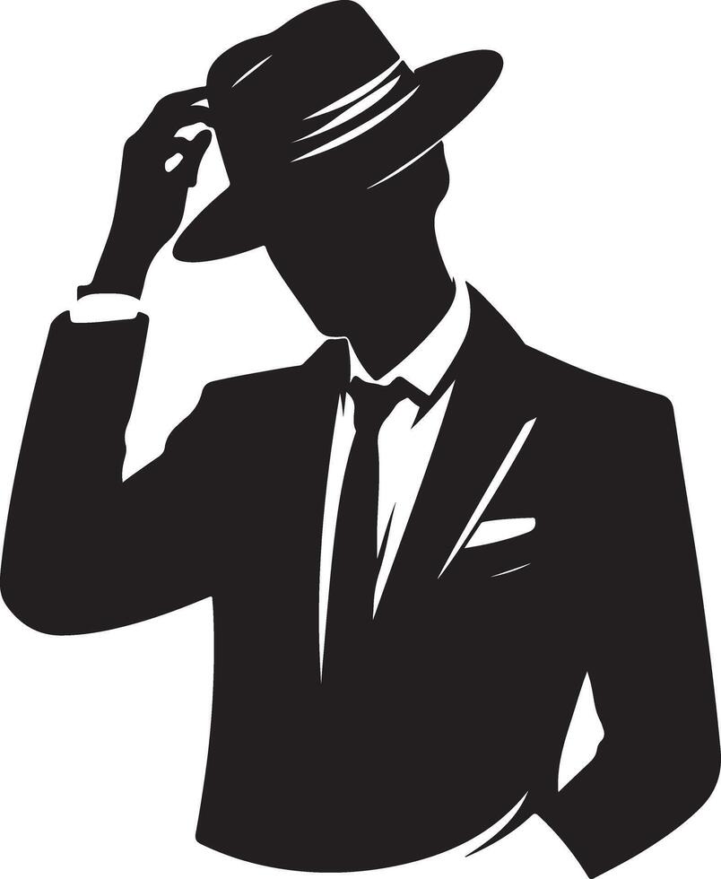 un minimalista negocio hombre con sombrero, uno mano en el cabeza, elegante pose, silueta, negro color silueta vector