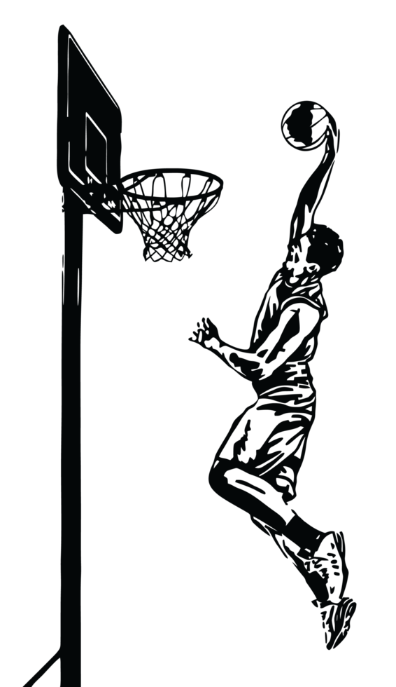 Baskeball player jumping slam dunk illustration png