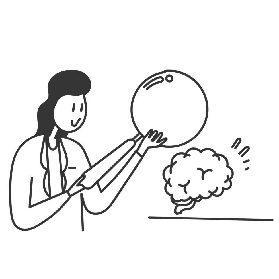 hand drawn doodle female doctor is examining human brain using a magnifying glass vector