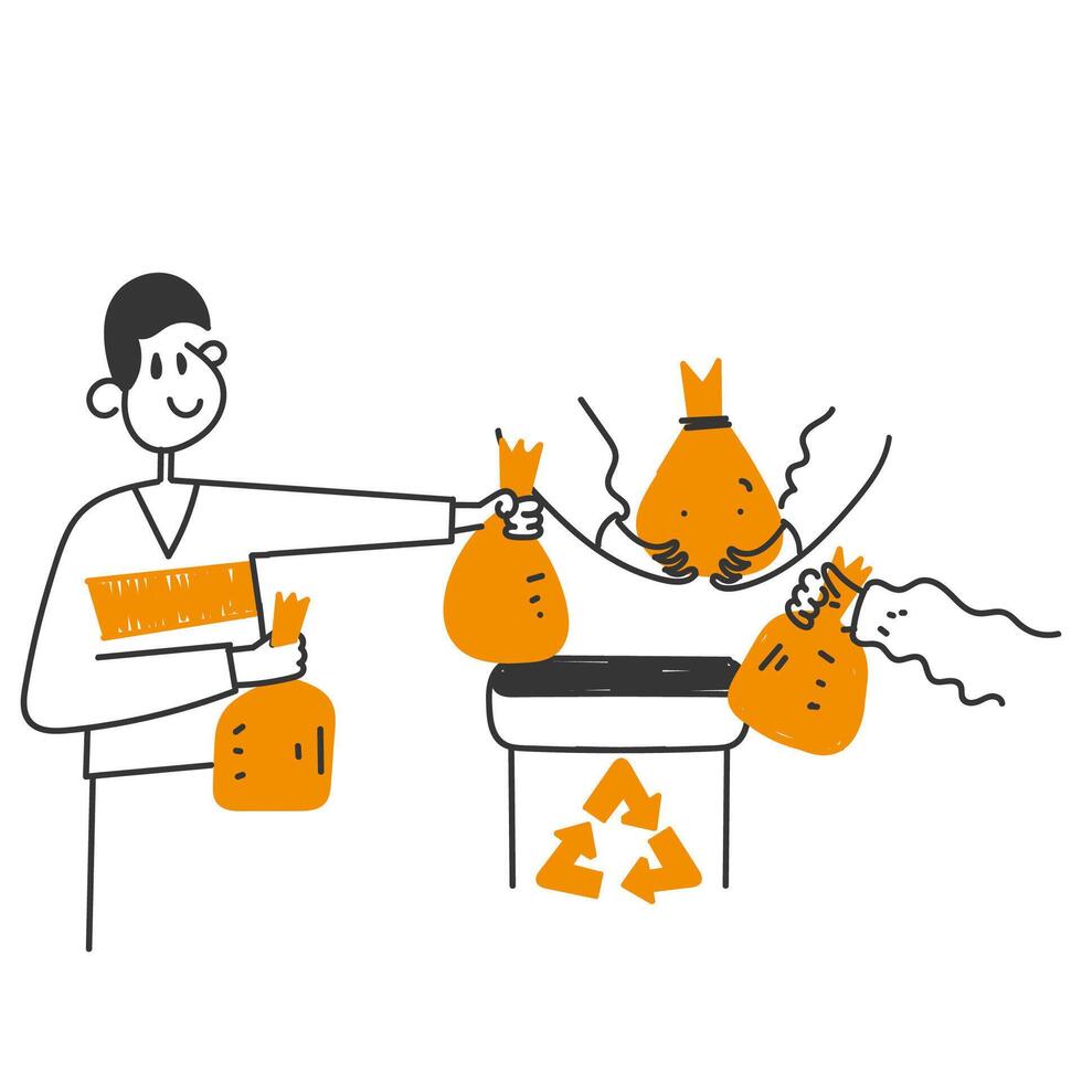 hand drawn doodle collect rubbish in the trash together illustration vector