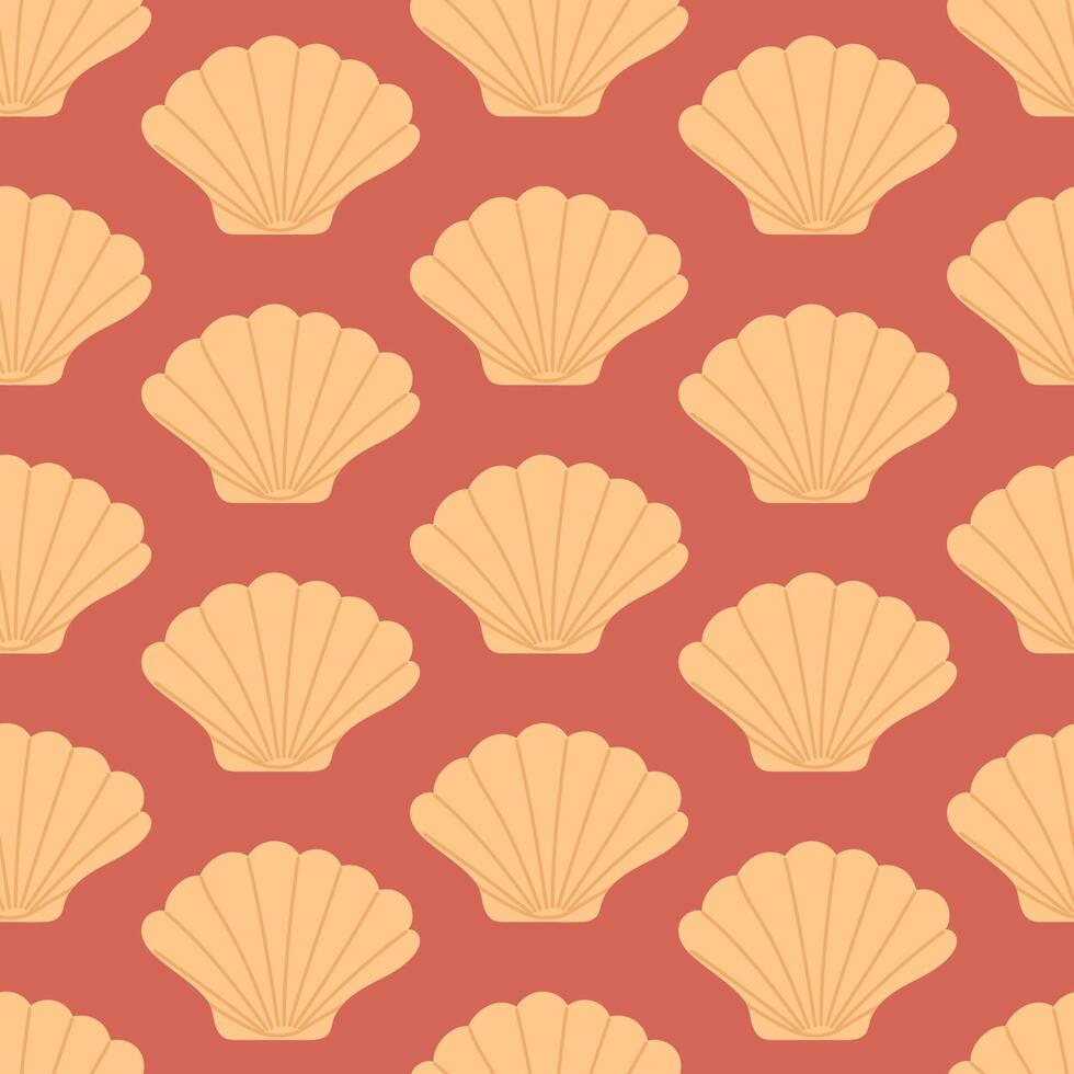 Seamless pattern with hand drawn seashell on dark red background. Template for print, fabric, greeting card and invitation. vector