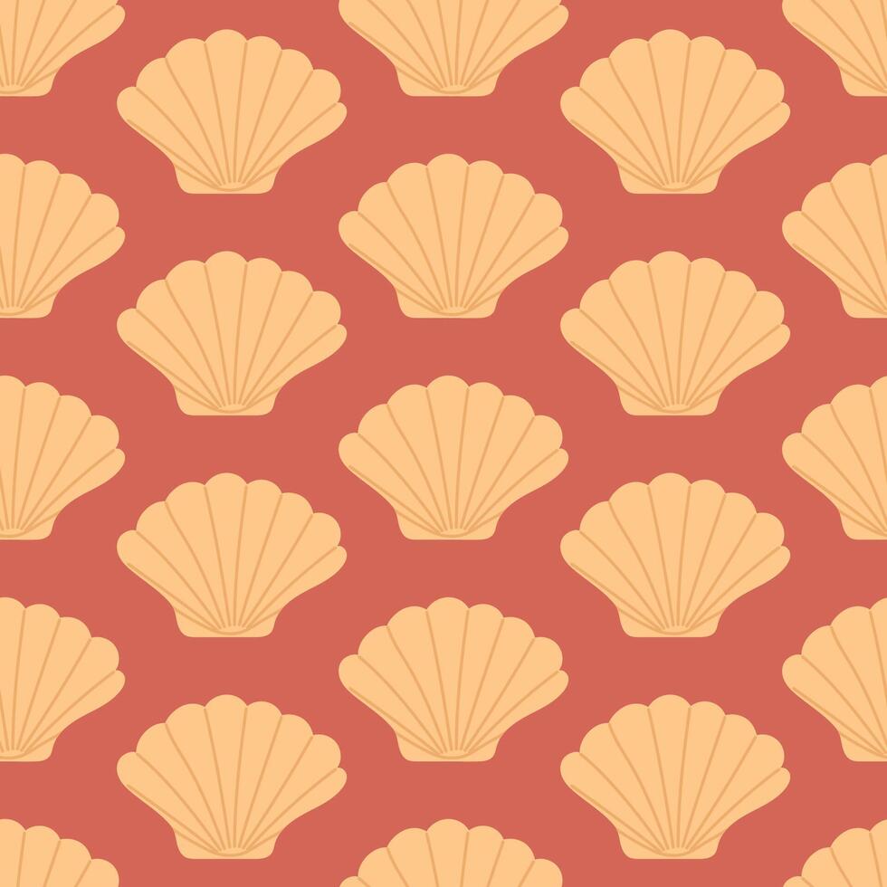 Seamless pattern with hand drawn seashell on dark red background. Template for print, fabric, greeting card and invitation. vector