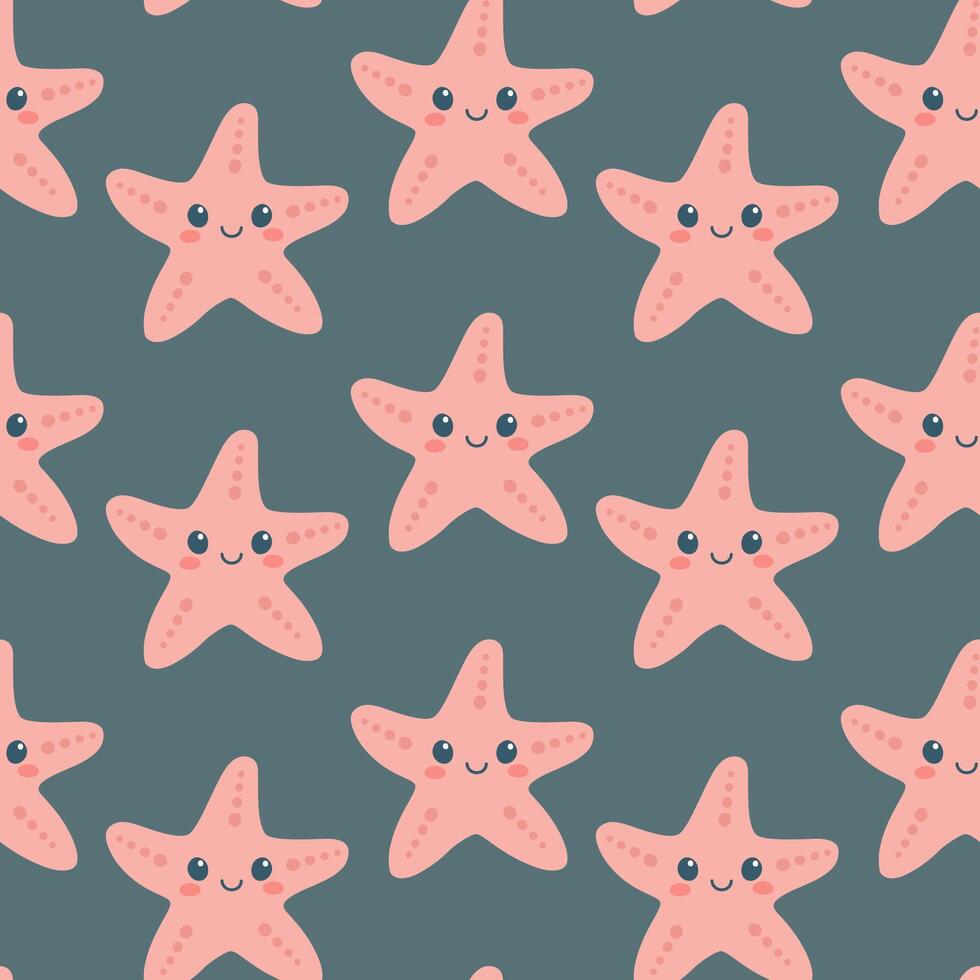Seamless pattern with hand drawn cute starfish on dark blue background. Marine life animals. Template for print, fabric, greeting card and invitation. vector