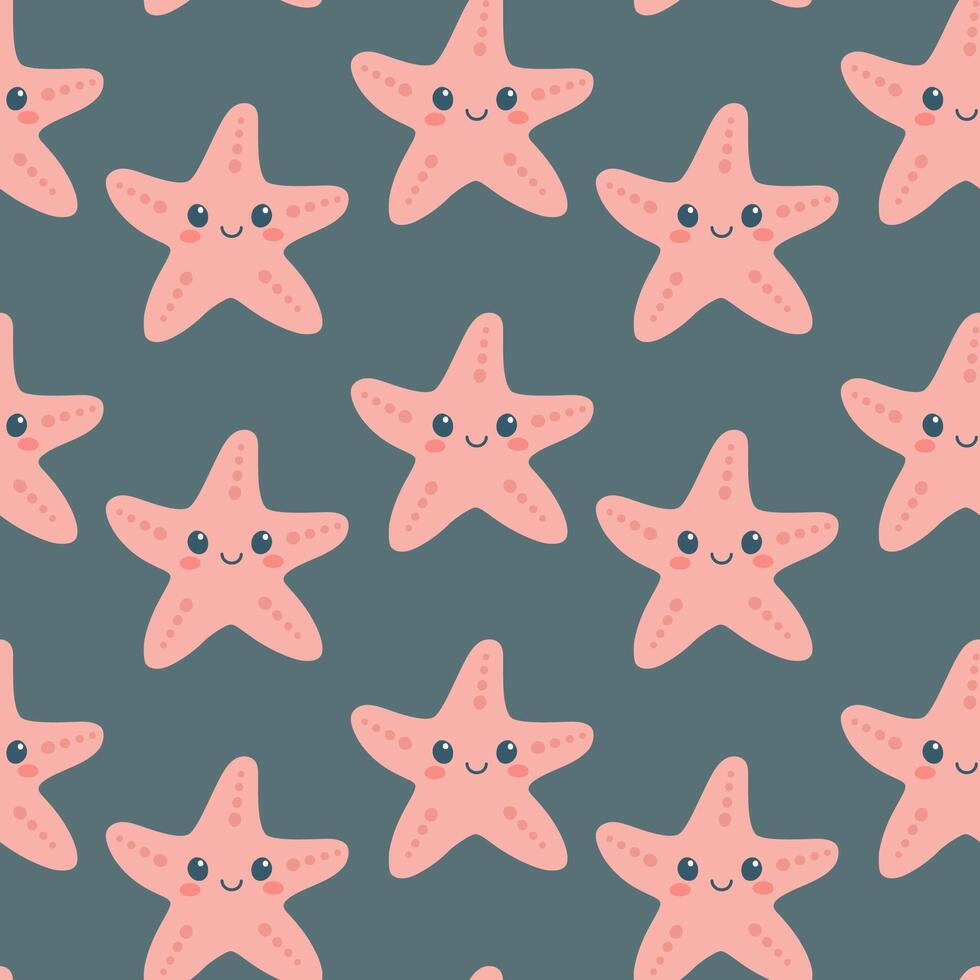 Seamless pattern with hand drawn cute starfish on dark blue background. Marine life animals. Template for print, fabric, greeting card and invitation. vector