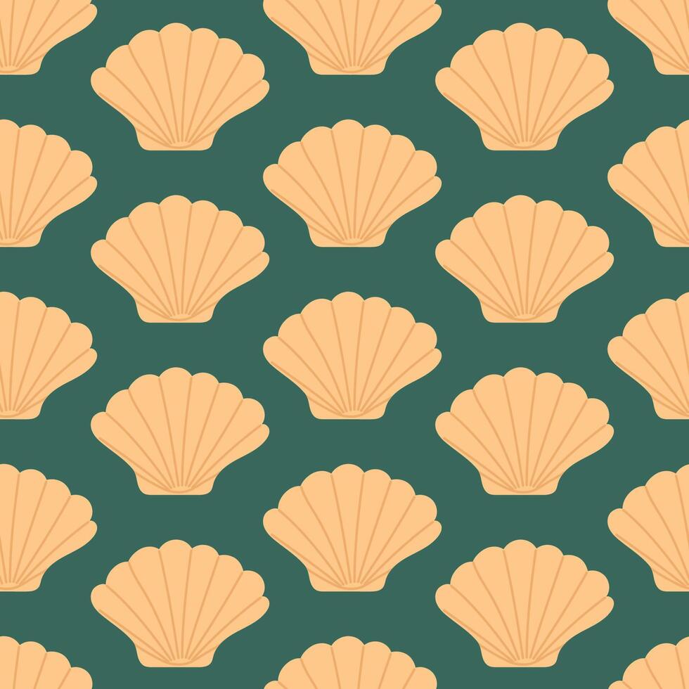 Seamless pattern with hand drawn seashell on emerald background. Template for print, fabric, greeting card and invitation. vector