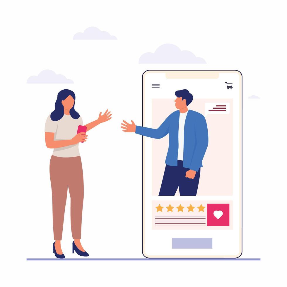 Woman giving feedback review online and mobile apps, consumer satisfaction rating vector